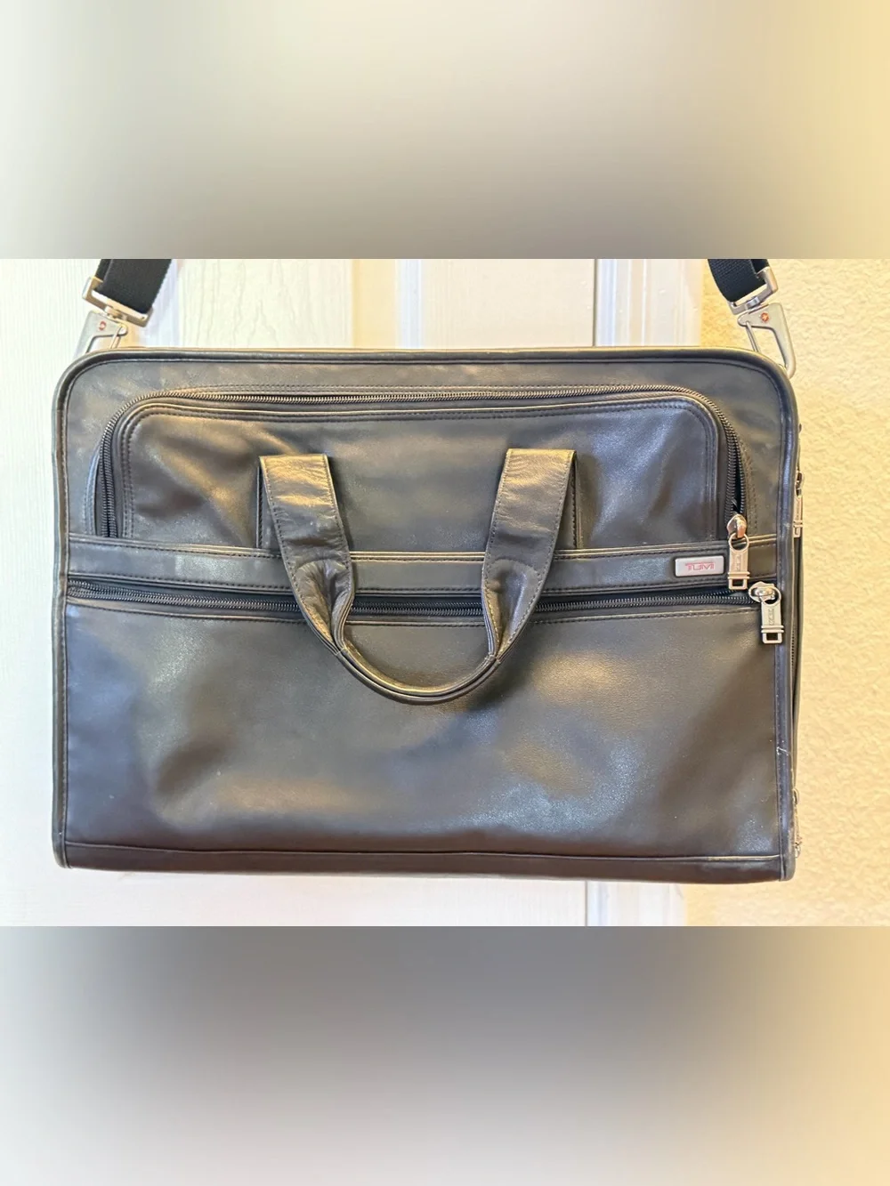 Tumi Black Leather Laptop Briefcase with Shoulder Strap